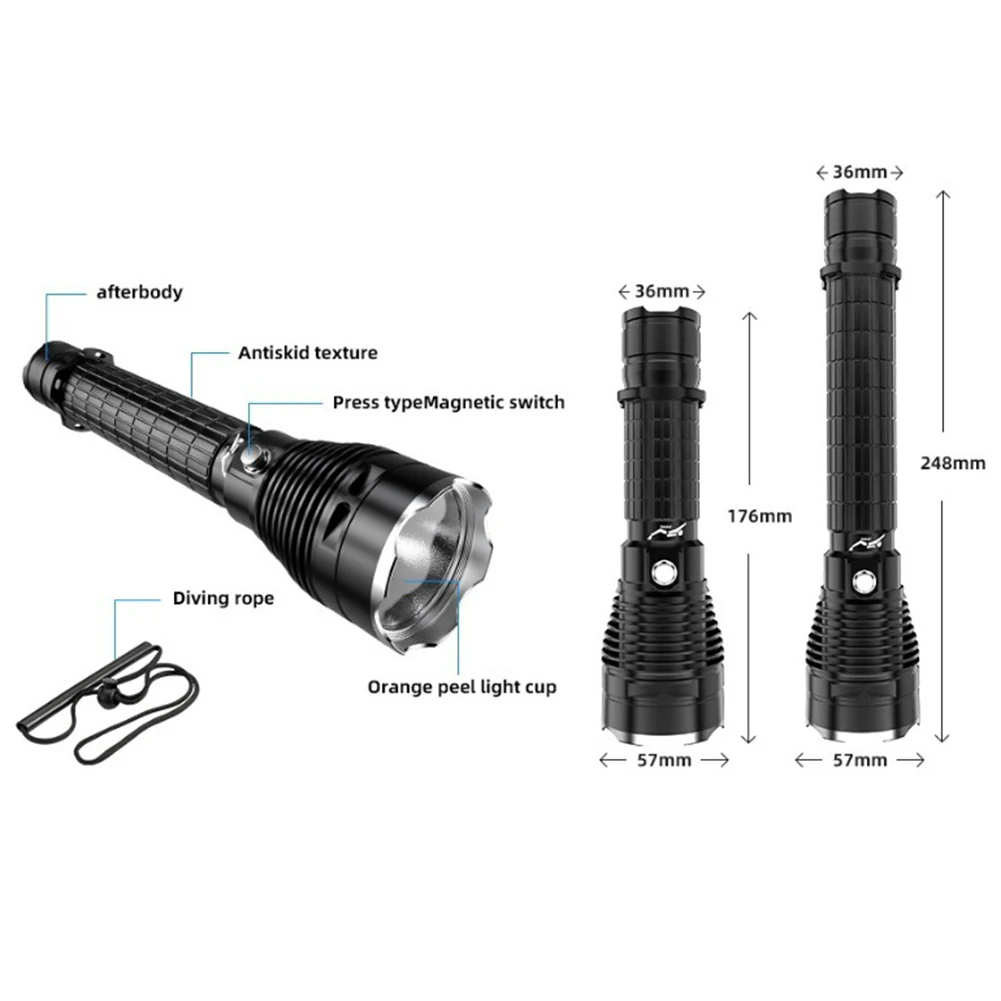 

Long Flashlight Diving Flashlight IPX8 P70 LED White Light Aluminum Alloy Black Button Switch D51/D52 For Scube