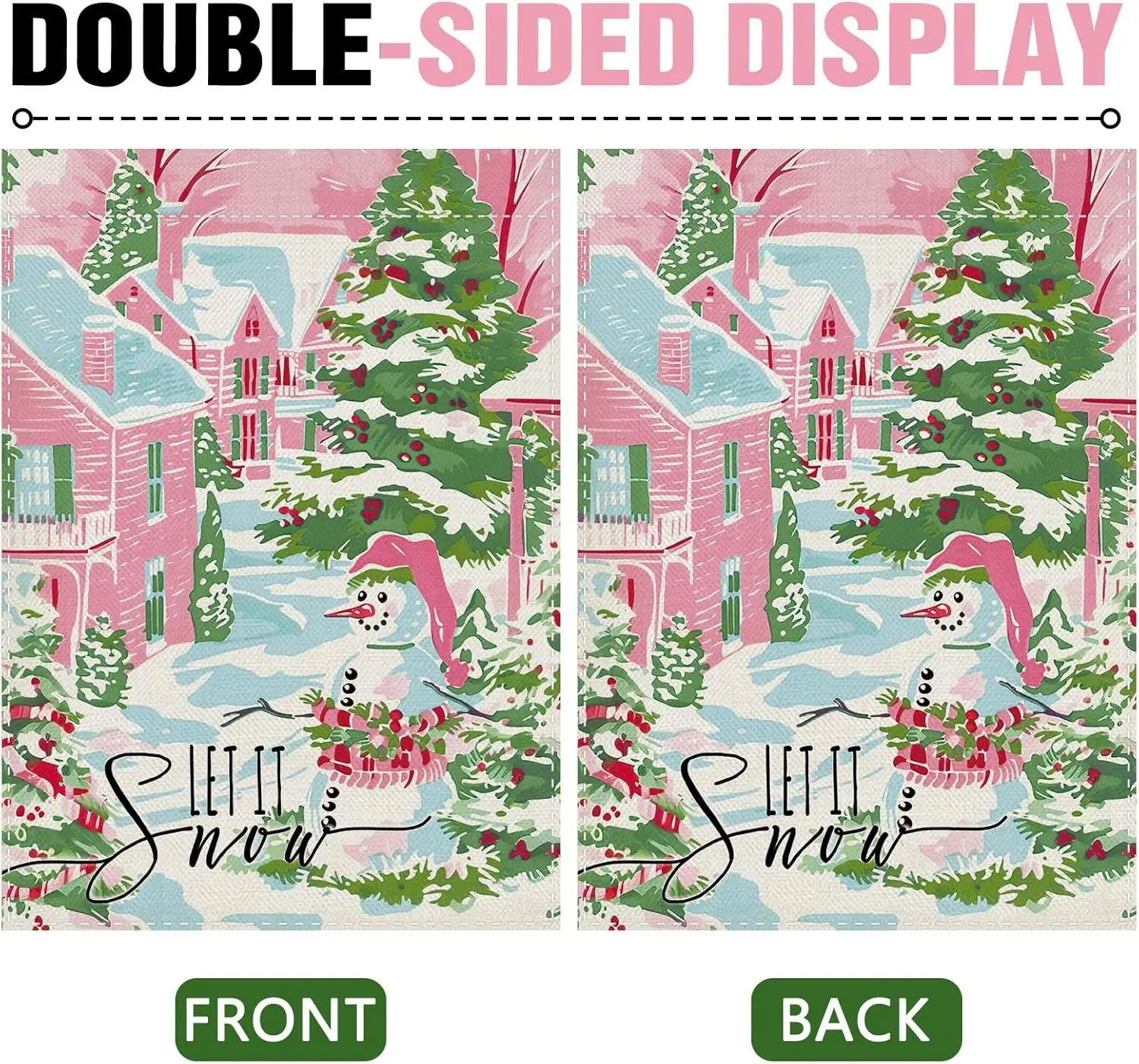 Фото Декоративный садовый флаг Dyrenson Pink Winter Village, украшение для двора с милым снеговиком, рождественское украшение для дома, F GGO №4