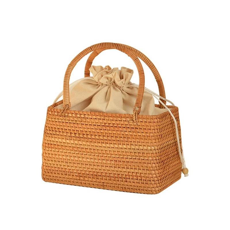 

Vintage Hand Basket For Picnic Basket Travel Hand Woven Rattan Handbag Semicircular Stitching Inner Pocket