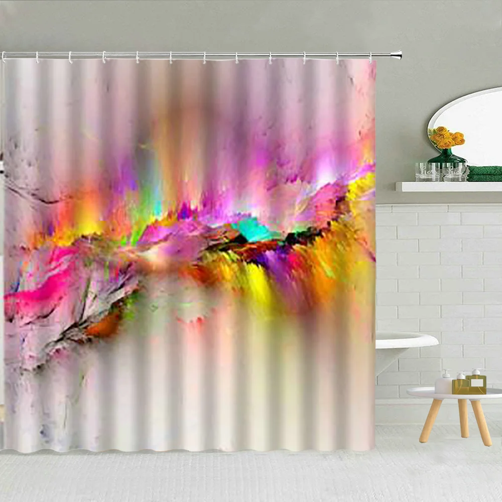 

Curtain Ink Painting Texture For Bathroom Decor Modern Geometric Pattern Waterproof Fabric Curtains Color Pigment Cloud Shower
