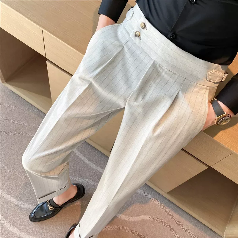 

High Waist Ankle Pant Men Stripes Formal Trousers Male Formal Office Social Party Dress Suit Pant Quality Business Casual