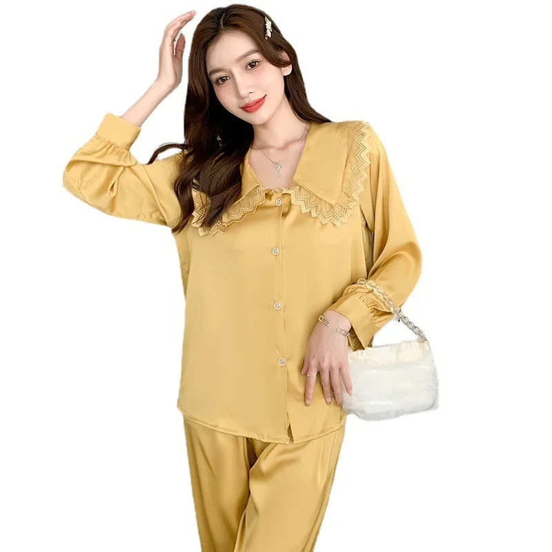 Long Sleeve Pajamas for Women Spring and Autumn Ice Silk Thin Summer Fashion Peter Pan Collar Loose Cardigan Suit Home Wear for