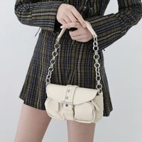 cool girls double pocket underarm bags solid color ladies pu leather shoulder bag buckle design female chain clutch handbags