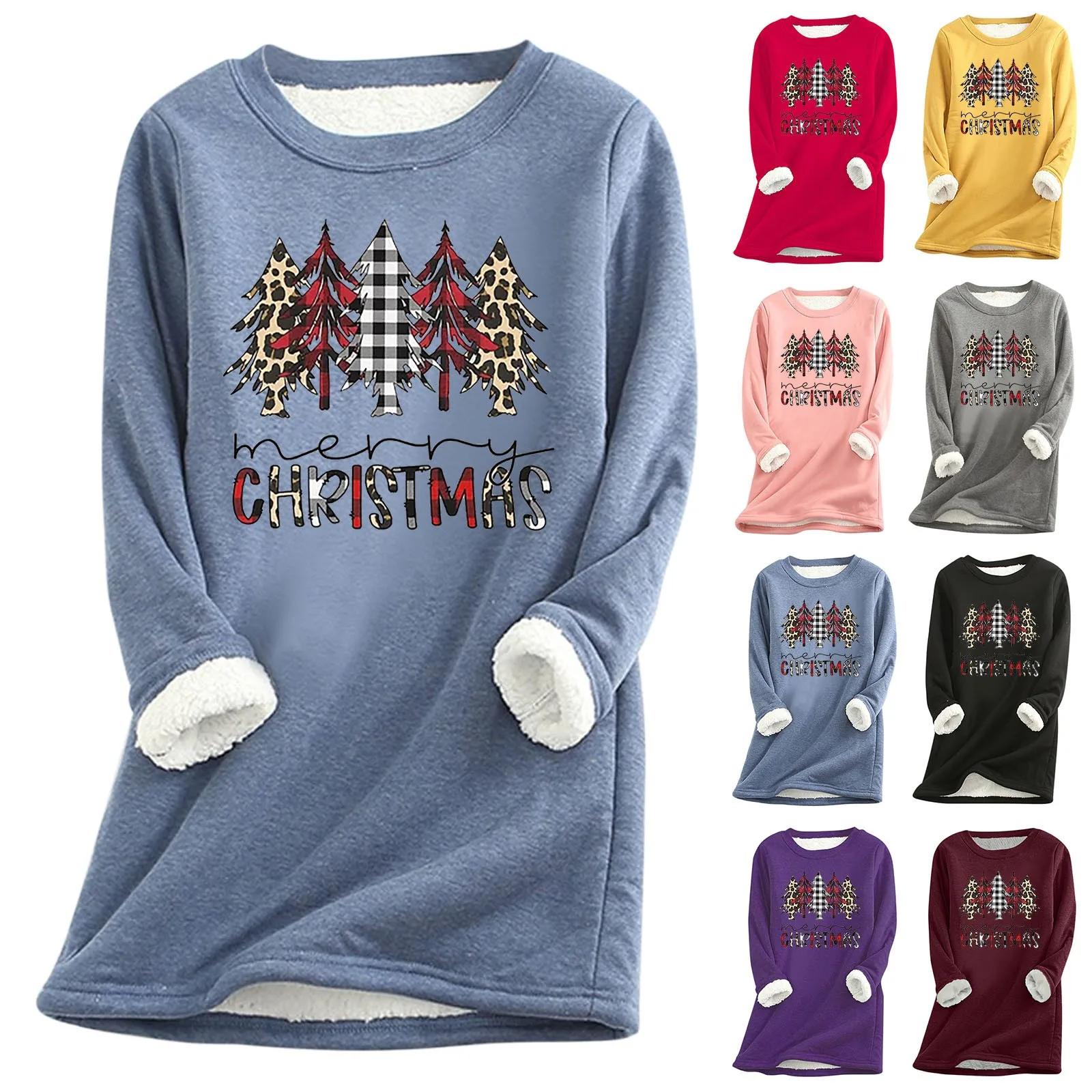 

Women Casual Christmas Print Shirt Thick Fleece Sweatshirt Winter Round Neck Warm Soft Fashion Baseball Sweatshirt Women
