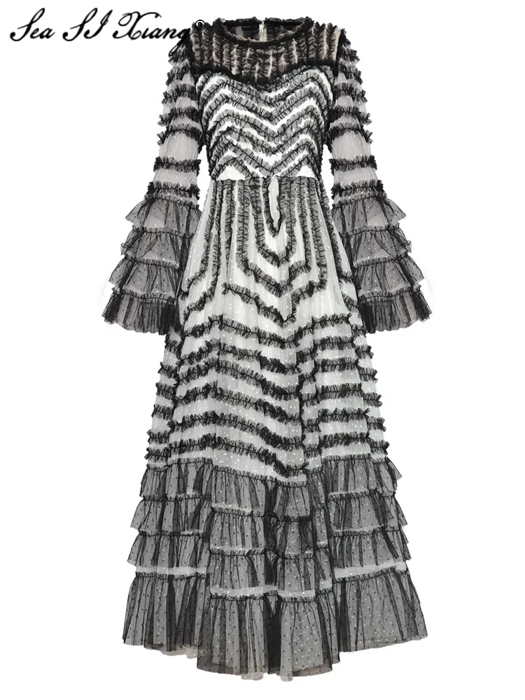 

Женское Сетчатое платье в горошек, с круглым вырезом и расклешенными рукавами