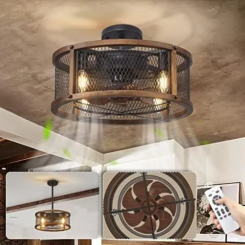 

Profile Ceiling Fans with Lights, 17 Inch Farmhouse Caged Ceiling Fan with Lights Remote Control, Rustic Bedroom Ceiling Fans fo