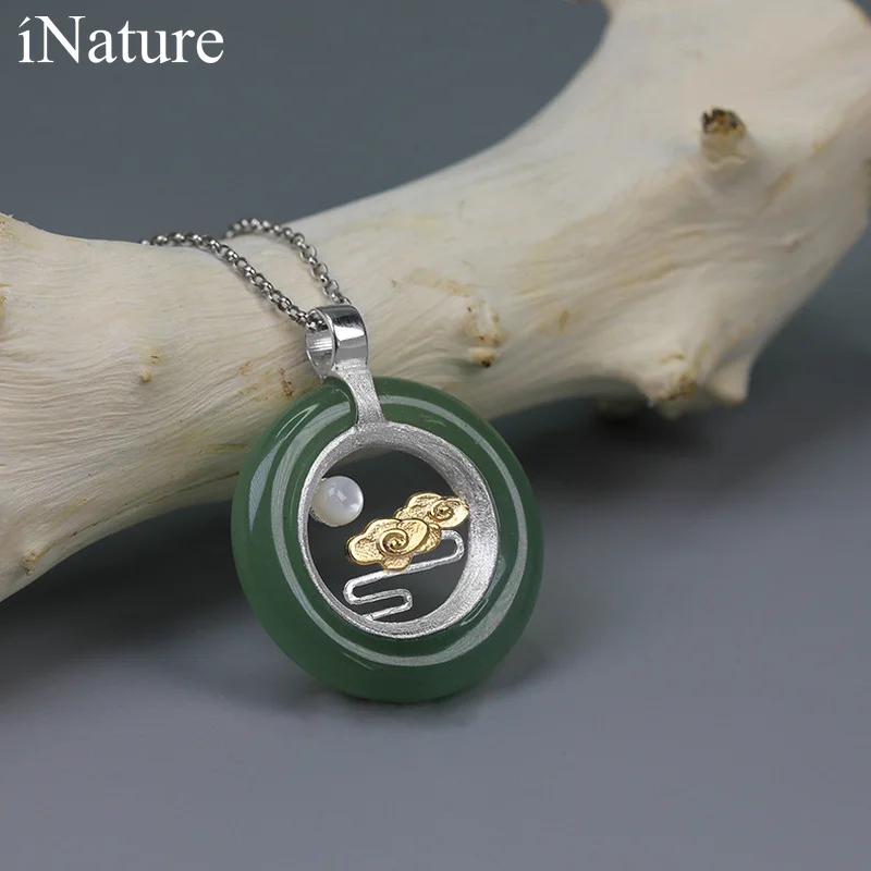 

INATURE 925 Sterling Silver Natural Aventurine Cloud and Moon Pendant Necklace For Women Jewelry Gift