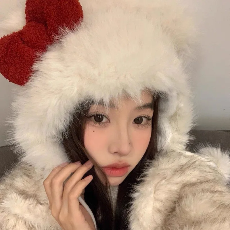 Новая шапка с кошачьими ушками для холодной погоды плюшевая бантом девочек