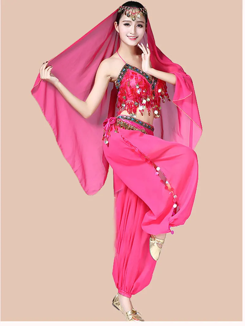 Костюмы для танца живота для женщин, 3 шт.: брюки, топ и покрывало на голову, индийский болливудский стиль, для выступлений.