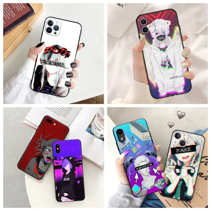 

Black Matte Anti-Drop Phone Case For iPhone 14 12 13 Pro Max 11 Mini 7 8 6 6s Plus XS X XR SE LEWD Vaporwave Girl Anime Cover