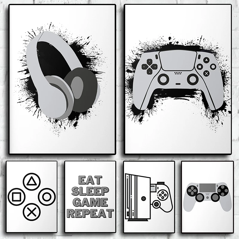 

Best Selling Gamepads Headsets Canvas Black & White Art Home Sofa Wall Poster Aesthetics Games Room Boys Bedroom Decor Painting