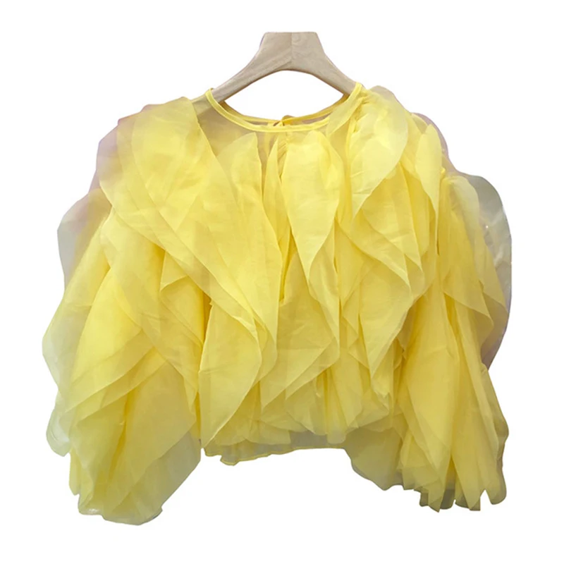 Vintage Patchwork Ruffle Shirt For Women O Neck Lantern Long Sleeve Solid Elegant Blouse Female Fashion New Style