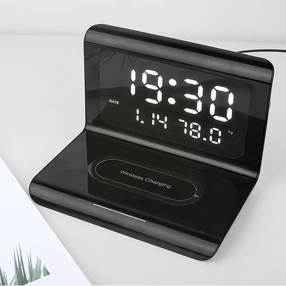 With Wireless Charger Thermometer Calendar Led Display Bedroom Desk Lamp For Ios Android F3n6