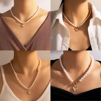 baroque pearl beads choker necklaces for women fashion gold color shell heart moon pendant necklace collar female jewelry gifts