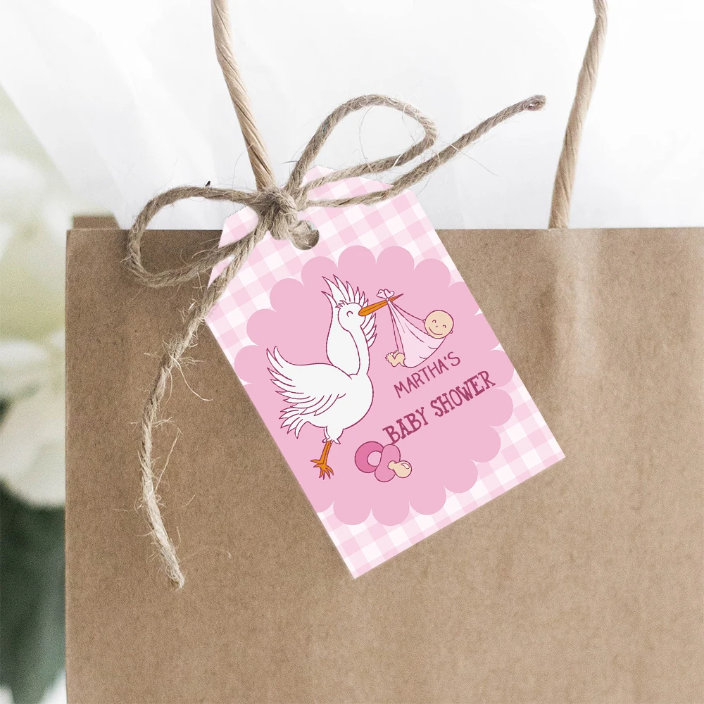 

Cartoon Crane Custom Added Name and Date of The Babyshower Labels Custom Hexagonal Birthday Christening Candy Gift Paper Labels