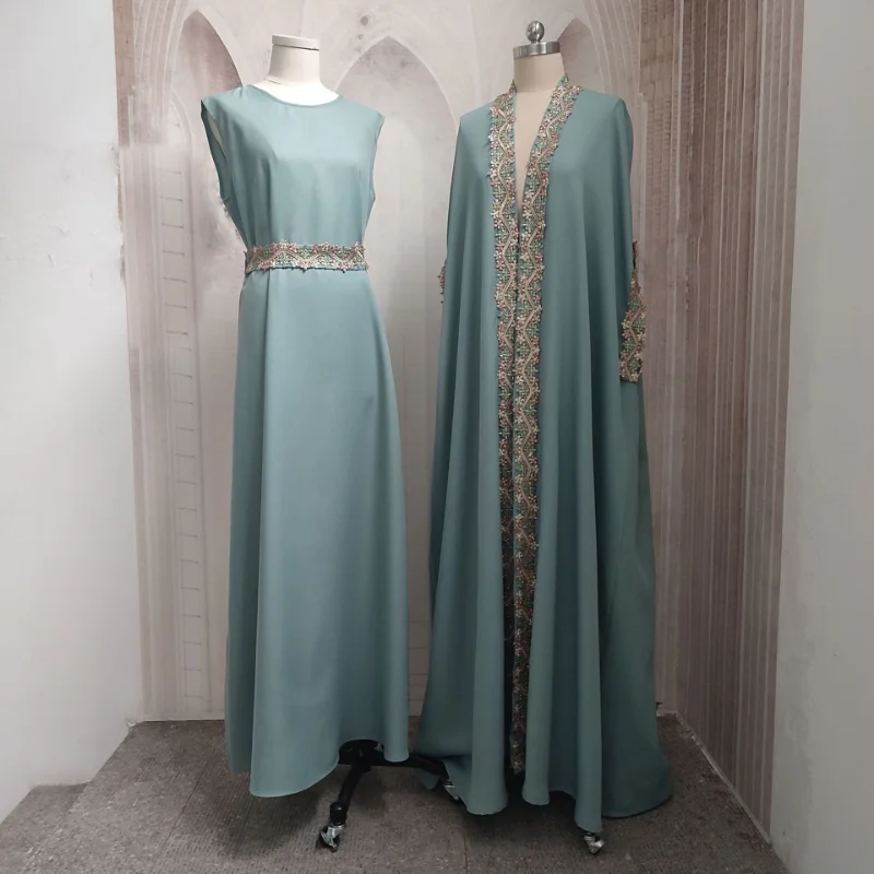 Muslim Sets Dress Women 2 Piece Embroidery Robe Muslim Fashion Elegance Dubai Abaya Turkey Long Kaftan Femme Musulman