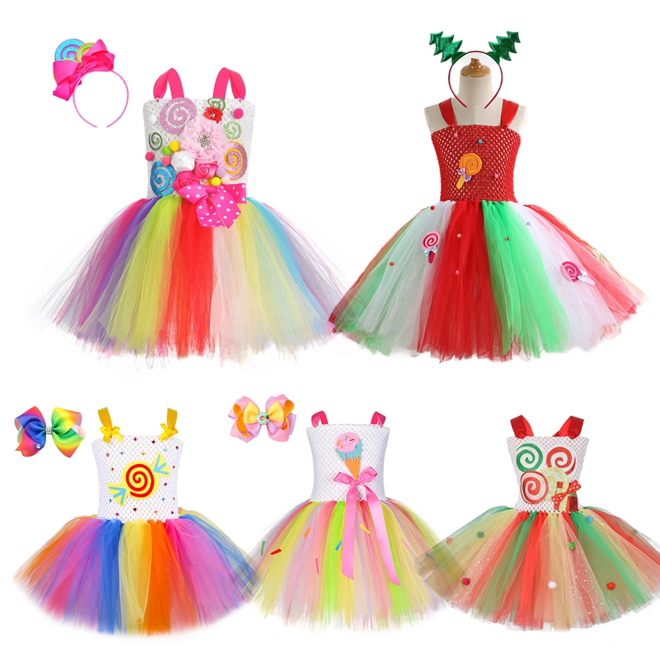 

Baby Girls Rainbow Candy Tutu Dress Lollipop Halloween Costumes for Kids Girl Candyland Party Princess Dresses Birthday Outfits