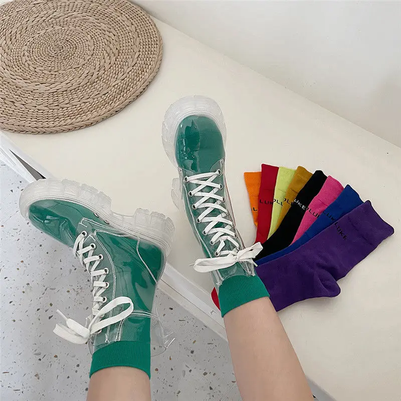 

2021 Cool Fashion Women Transparent Platform Boots Waterproof Ankle Boots Feminine Clear Heel Short Boots Sexy Female Rain Shoes