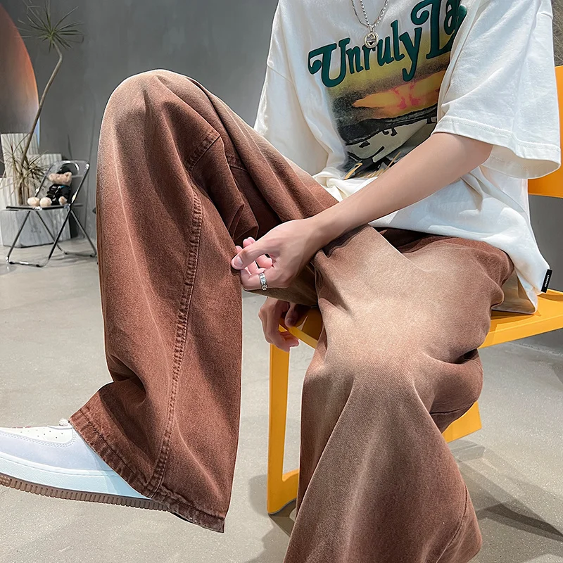 Summer Brown Baggy Jeans Men Fashion Retro Casual Wide Leg Jeans Men Streetwear Loose Hip Hop Straight Denim Pants Mens Trousers