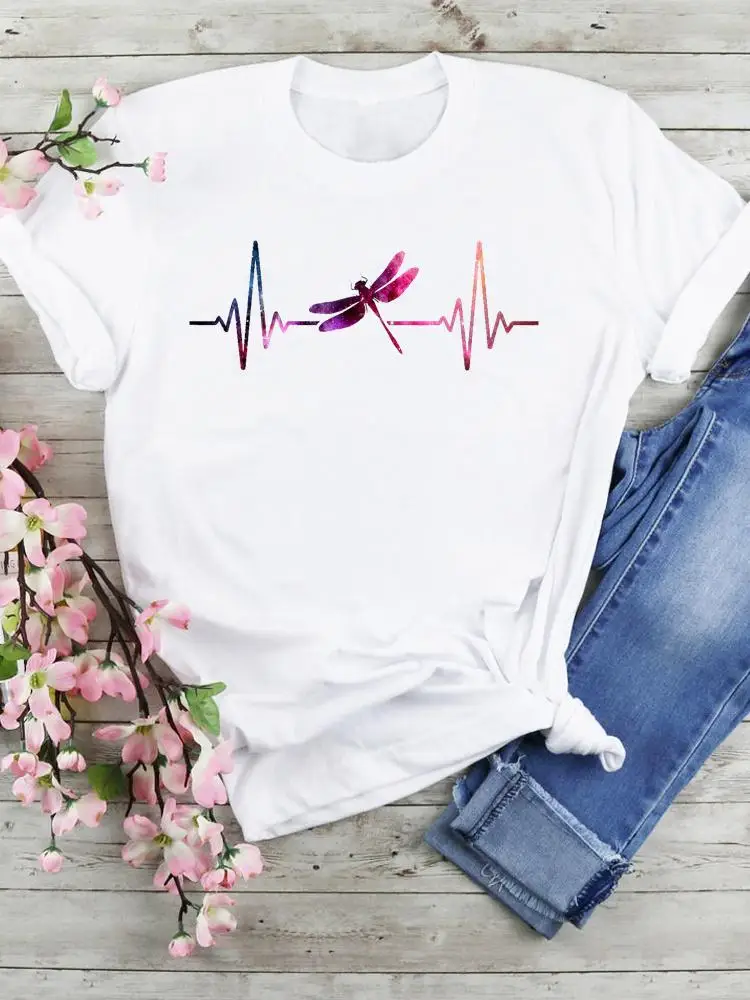 

Tees Ladies Women Short Sleeve Summer Clothes Tops Female Fashion Dragonfly Love Heart 90s Cartoon Tshirts Graphic T-Shirt