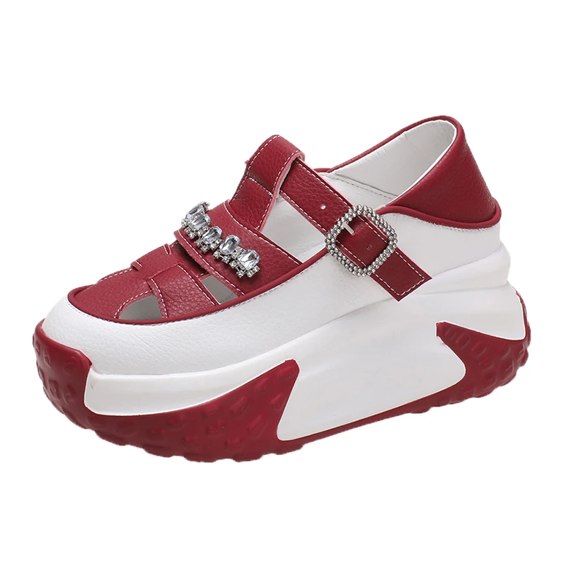 Women 7CM Leather Platform Sandals Wedge Hollow Female White Mules Shoes Casual Chunky Sneakers Woman Summer Rhinestone Slippers