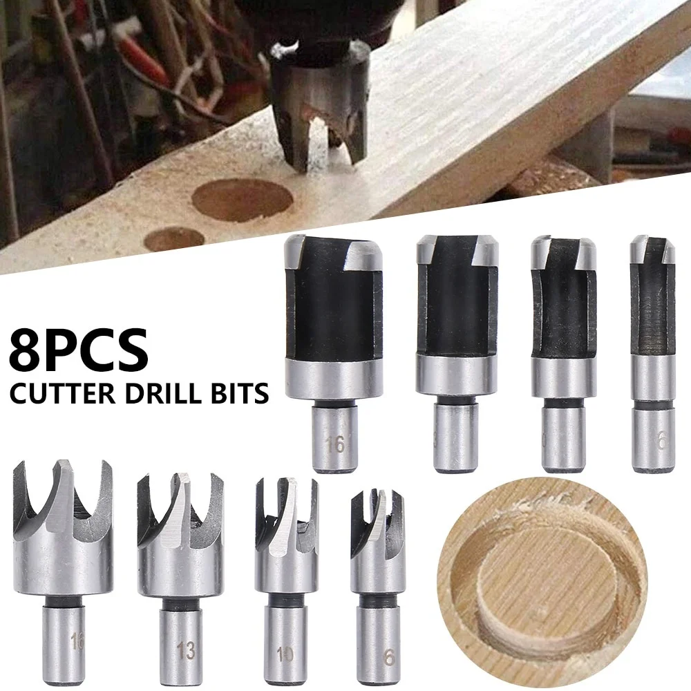 8Pcs Woodworking Tool Wood Plug Cutter Carbon Steel Drill Bits Straight & Tapered Cork Hole Saw