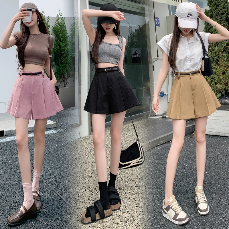 Casual Shorts Women Pleated Skirt Shorts Loose Wide Leg Pants Skirt 2023 Summer Women Clothing Belt Elegant OL Shorts for Women