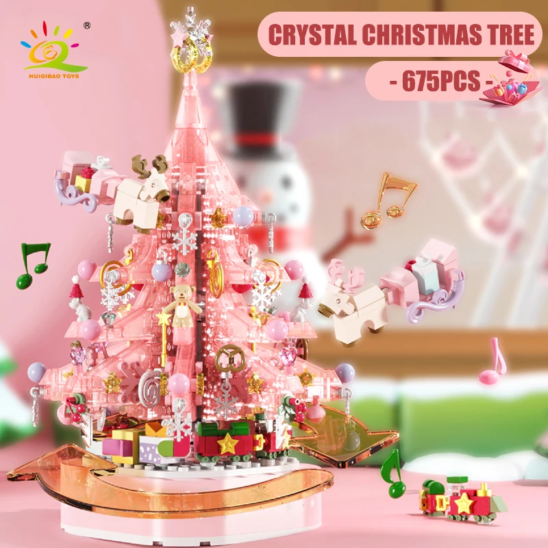 

HUIQIBAO 675Pcs Girls Crystal Christmas Tree Rotating Light Music Box Model Building Blocks Children New Year Toys Bricks Gift