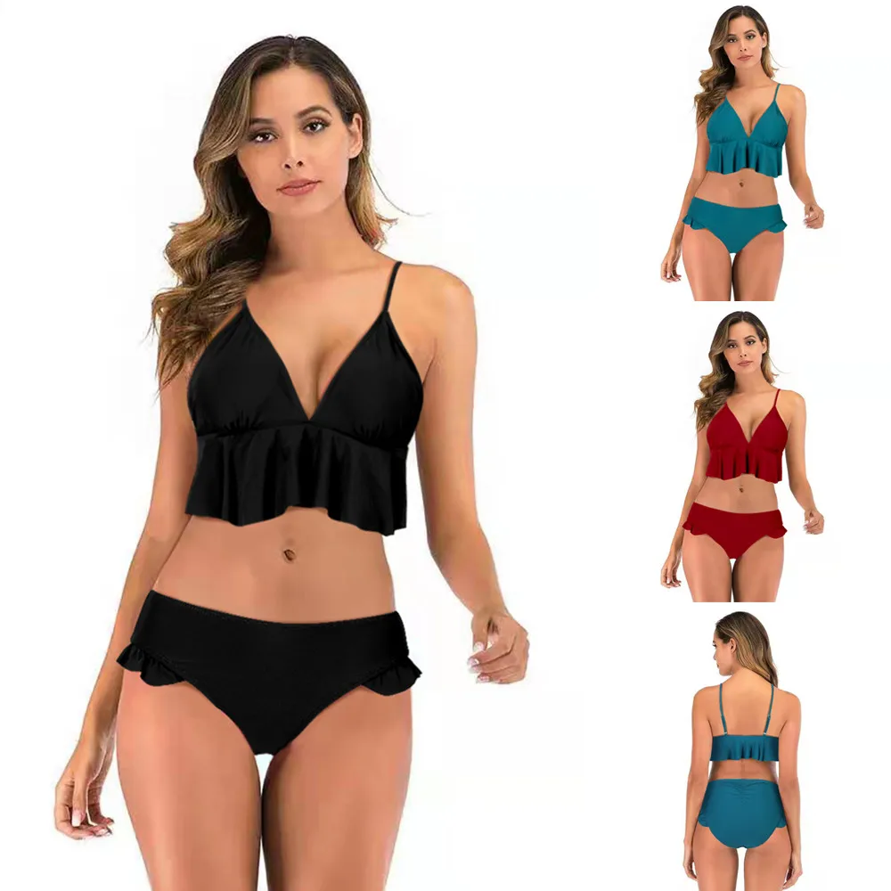

2022 New Bikinis Women's Solid Falbala Two Pieces Swimwear Sexy Sense of Design Swimming Suits Fashionable Beach Wear