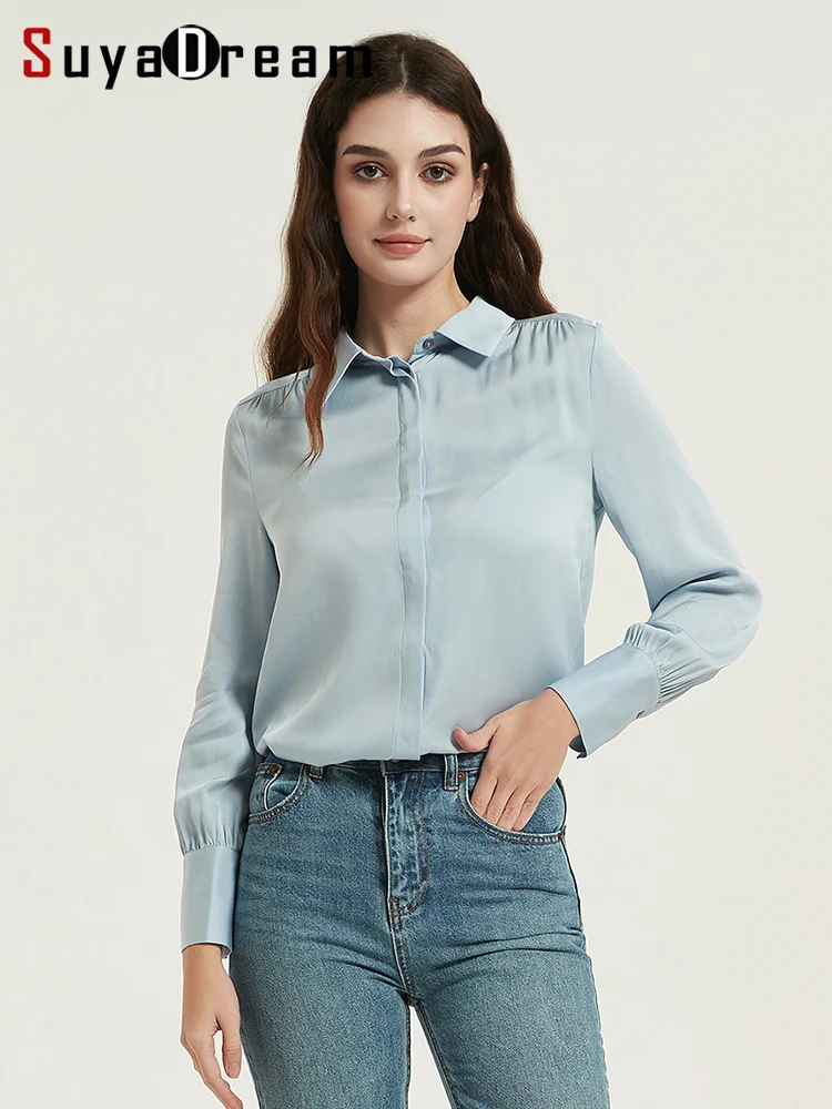 SuyaDream Woman Dress Shirts 95%Mulberry Silk Turn Down Collar Solid Blouses 2023 Spring Summer Office Lady Top White Sky Blue