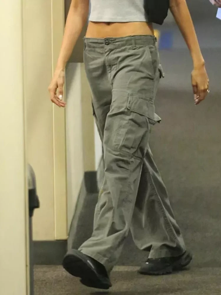 

Новинка, зеленые брюки с большими карманами, модель y2k в винтажном стиле, уличная одежда, спортивные штаны с заниженной талией, Джоггеры в Ко...
