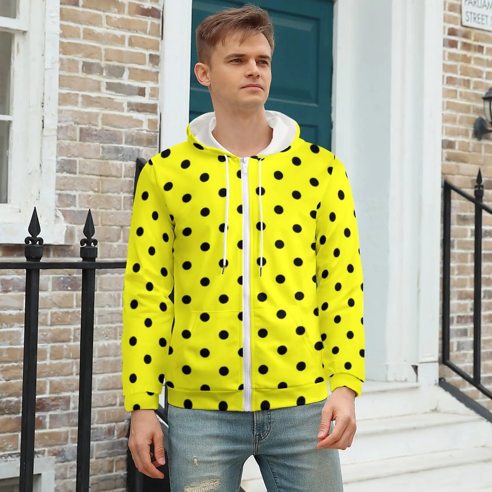 

Yellow Polka Dot Casual Hoodies Long-Sleeve Black Spots Print Funny Pullover Hoodie Autumn Street Fashion Oversized Graphic Tops