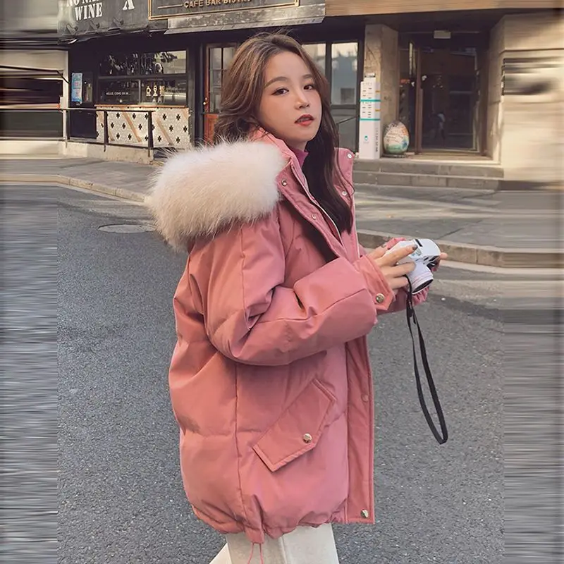 Пальто хлопковое женское с большим меховым воротником маленькая Очаровательная