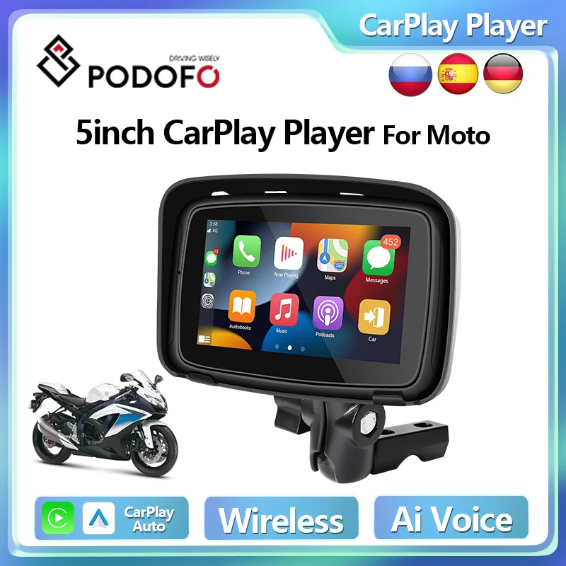 

Podofo 5inch Motorcycle CarPlay Player Touch Screen Portable GPS Navigation Waterproof Android Auto Ai Voice Moto Radio Stereo