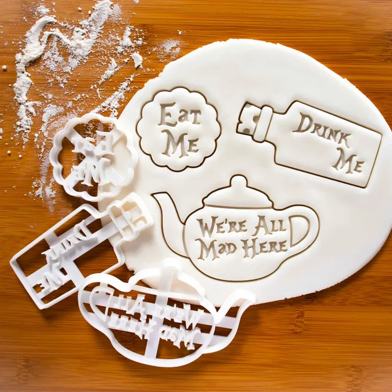 

Eat Me Cookie Cutter Stamps Teapot Wine Bottle Shape Biscuit Mold Alice In Wonderland Theme Cookie Mold Tools Baking Accessory