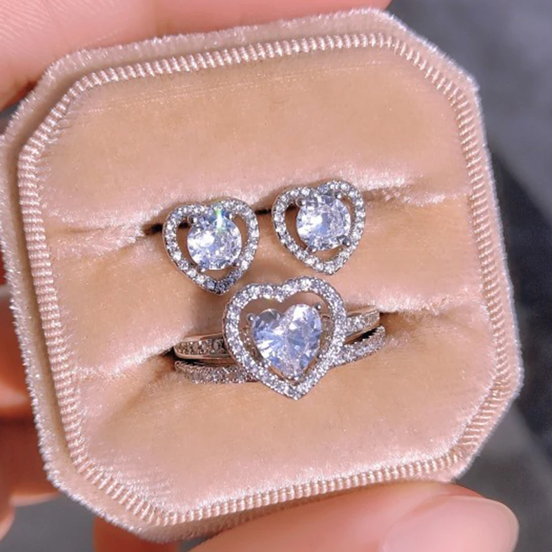 

UILZ 2pcs Pack 2022 New Fashion Heart Silver Color Bride Ring Stud Earrings Set for Women Anniversary Gift Jewelry Wholesale