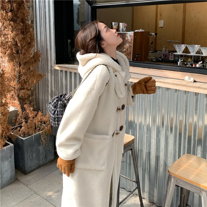 Winter Long Lamb Fur Coat Jacket for Women Loose Plush Overcoat Horn Button Parkas Hooded Straight Warm Outerwear Female