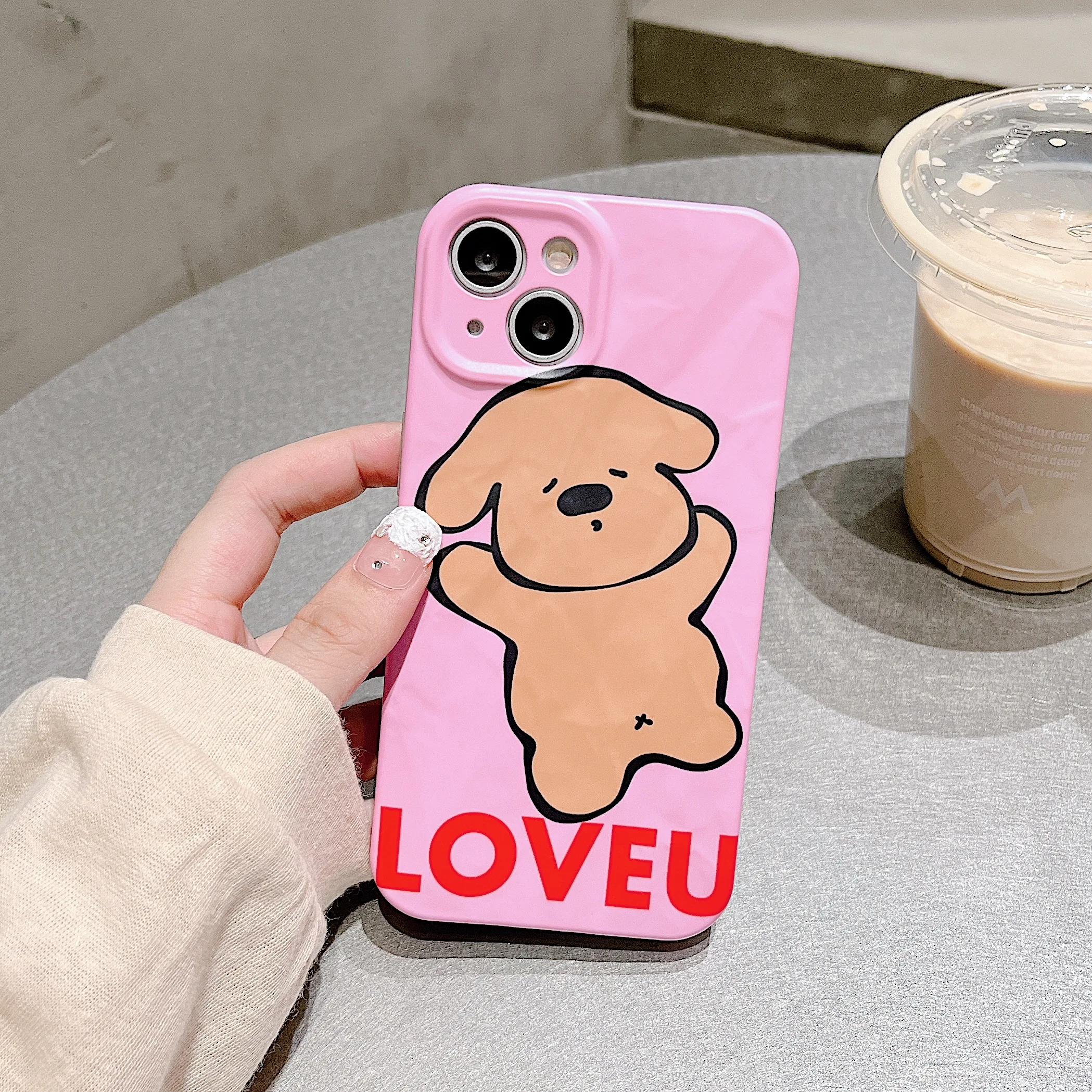

INS Cute Cartoon Dog Pink background Case for iPhone 14 13 Pro Max 12 11 Pro Plus Shockproof Doughnut Cover