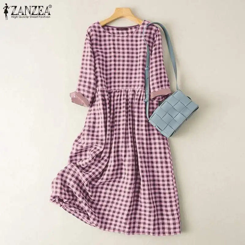 

Модное женское платье ZANZEA большого размера в клетку с принтом, повседневное женское ТРАПЕЦИЕВИДНОЕ мешковатое платье 2022, летнее платье мид...