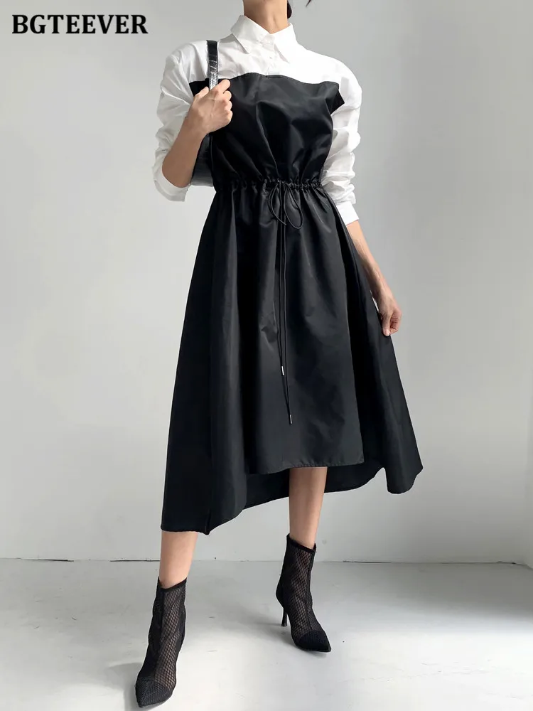 

BGTEEVER Elegant Patchwork Women A-line Dresses Spring Autumn Lapel Full Sleeve Drawstring Female Mid-Length Dress vestidos