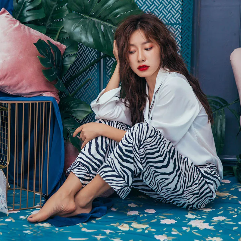 Tulin Fashion Zebra Print Women's Pajamas Women Suits 2 Pieces Satin Sleepwear Female Homewear Long Sleeve Phoentin | Женская одежда