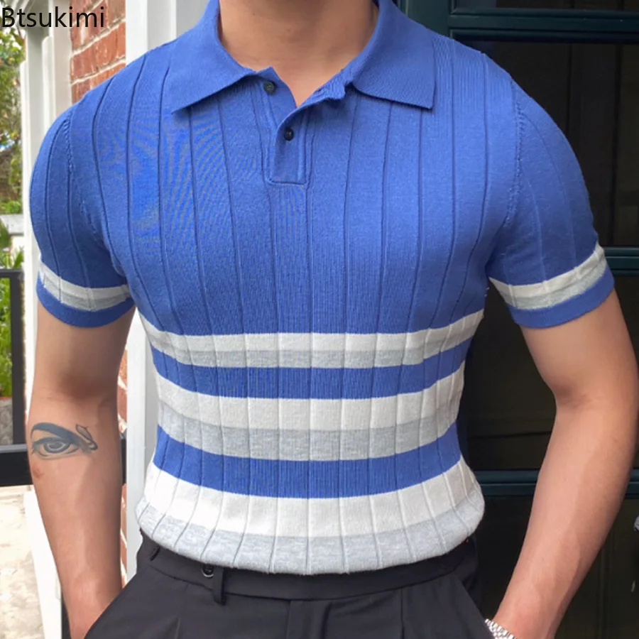 

Мужская приталенная рубашка-поло, повседневная трикотажная рубашка в Британскую полоску, с отложным воротником и короткими рукавами, из ледяного шелка, лето 2023