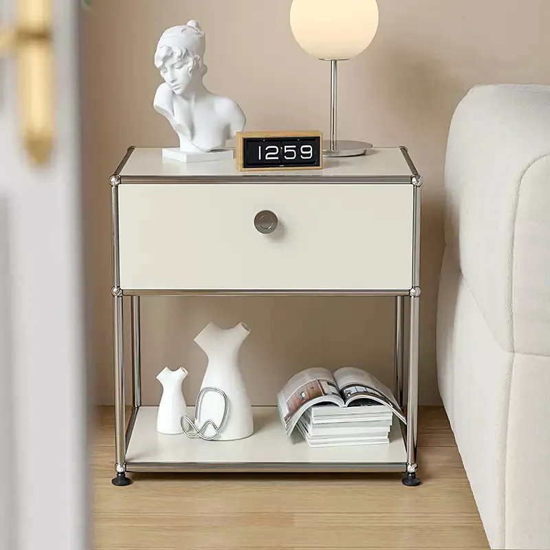 

Medieval Nightstand Bedroom Modern Minimalist Shelf Module Storage TV Side Cabinet Stainless Steel Frame Bedside Table
