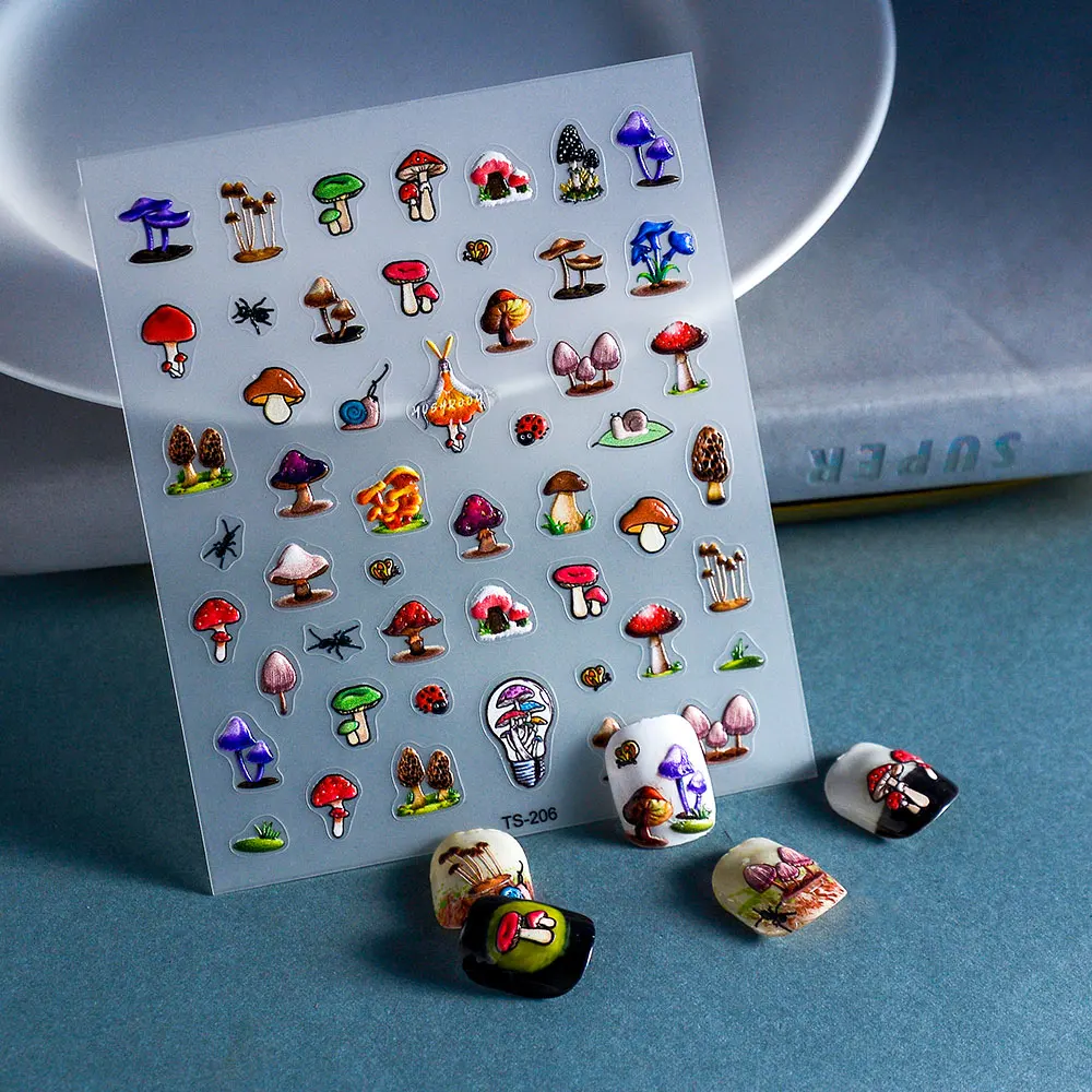 5D наклейка в виде грибов для ногтей Kawaii рельефная французский слайдер клейкий