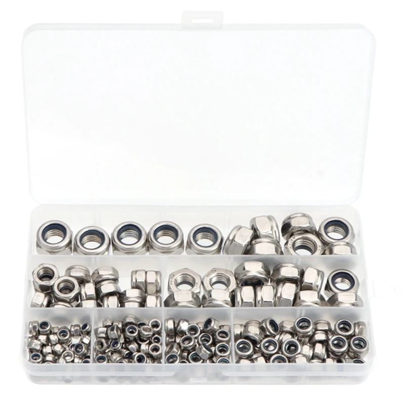 

215Pcs Boxed Nylon Inlaid Hexagonal Lock Nut Combination Stainless Steel Loose Lock Nut