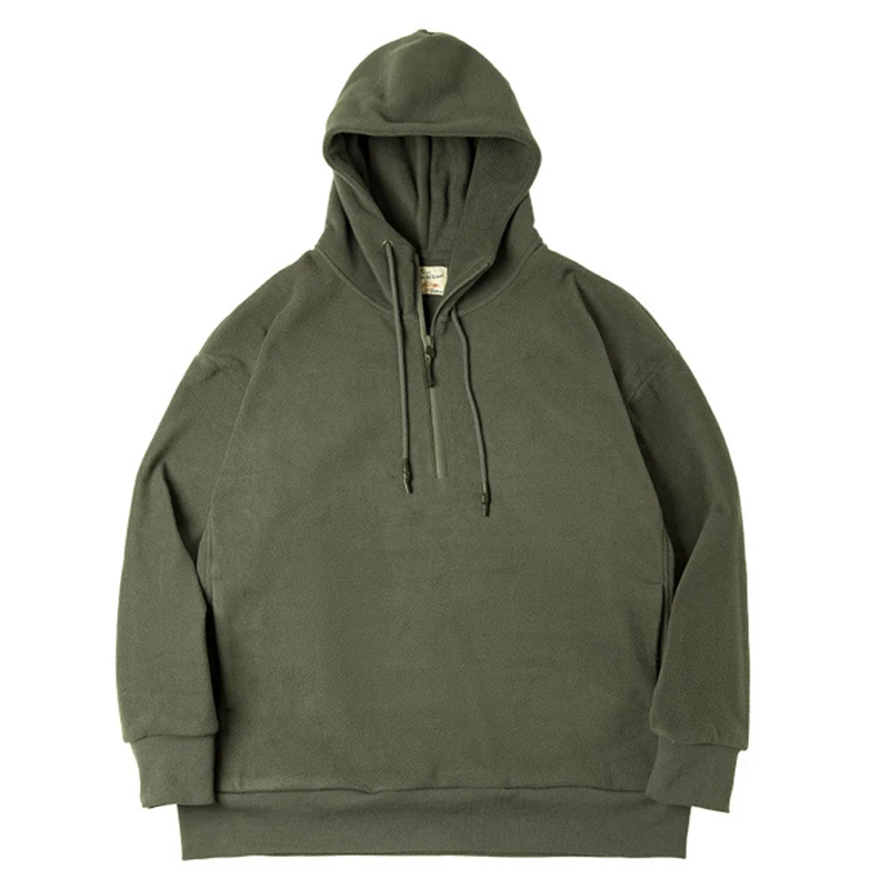 Mens Winter Polar Fleece Tactical Hoodies Japanese-style Solid Color 1/3 Zip Harajuku Style Loose Hip Hop Military Cargo Sweater