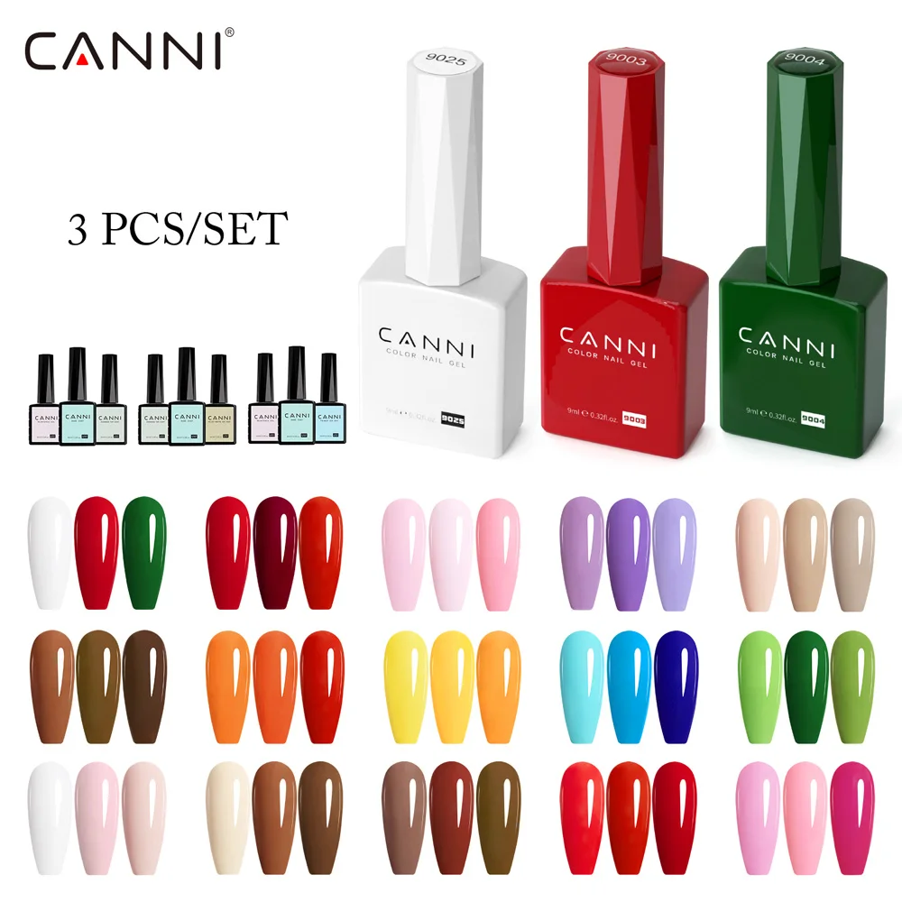Фото Набор гель-лаков CANNI 3*9 мл, без TPO и HEMA, ультрагладкий, с круглой кисточкой, полуперманентный, УФ/LED, для снятия замачиванием №2