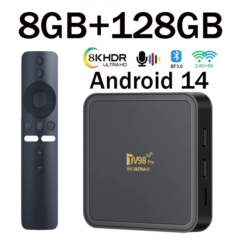 Фото TV98 Pro TV Box Android 14 Поддержка HD 8K 4K WiFi 4G 5G Голосовой удаленный медиаплеер 8 ГБ 128 ГБ Allwinner H313 Четырехъядерный процессор iptv №1