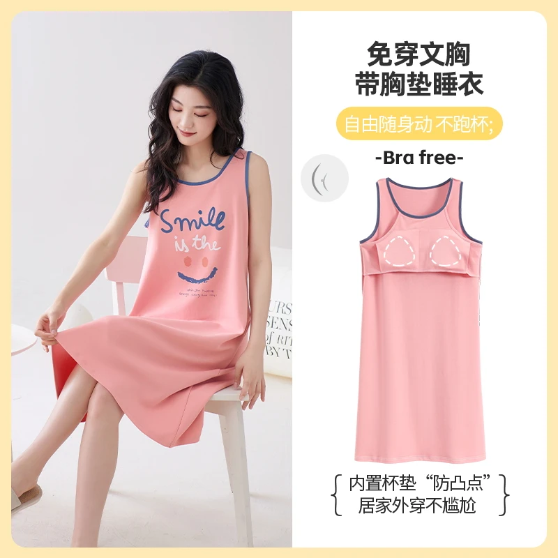

Summer Sleepwear Women Cotton Night Dress Sleeveless Cute Cartoon Sleepgowns For Grils With Chest Pad Outfit