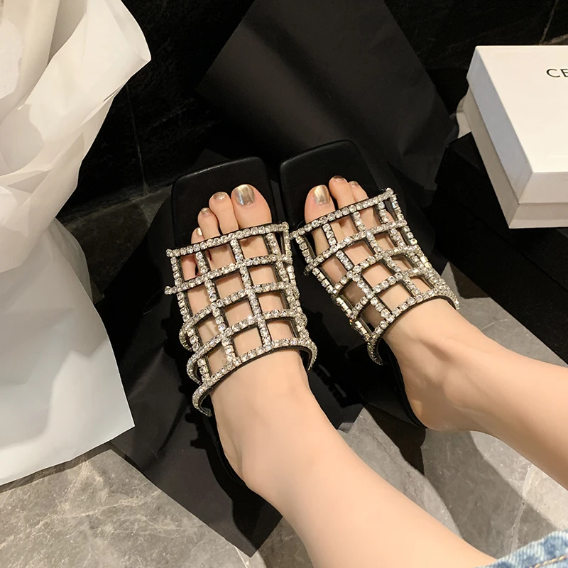 34-40 Large Summer Cowhide Thick Heel Crystal Checkered Women's Slippers High Heel Square Head Simple Women's Slippers